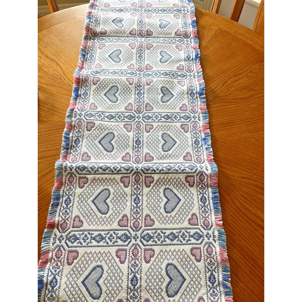 Vintage Cottagecore Woven Tapestry Table Runner 72" Hearts Country Grannycore - Picture 3 of 6